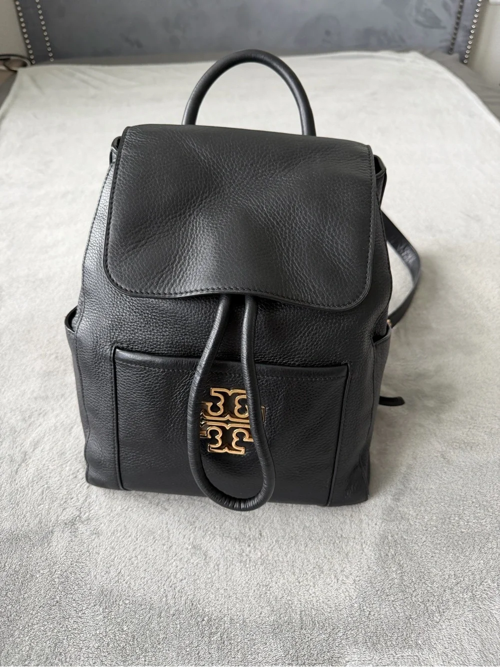 Tory Burch Black Pebbled Leather Logo Drawstring Backpack with Gold Hardware